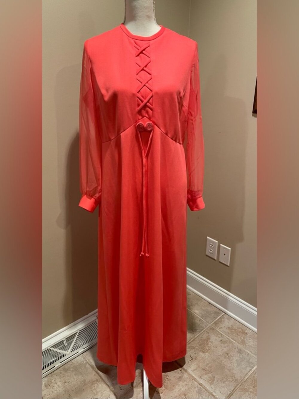 Vintage 70s Coral Red Maxi Dress Sheer Chiffon Sleeves Zip Back Size L